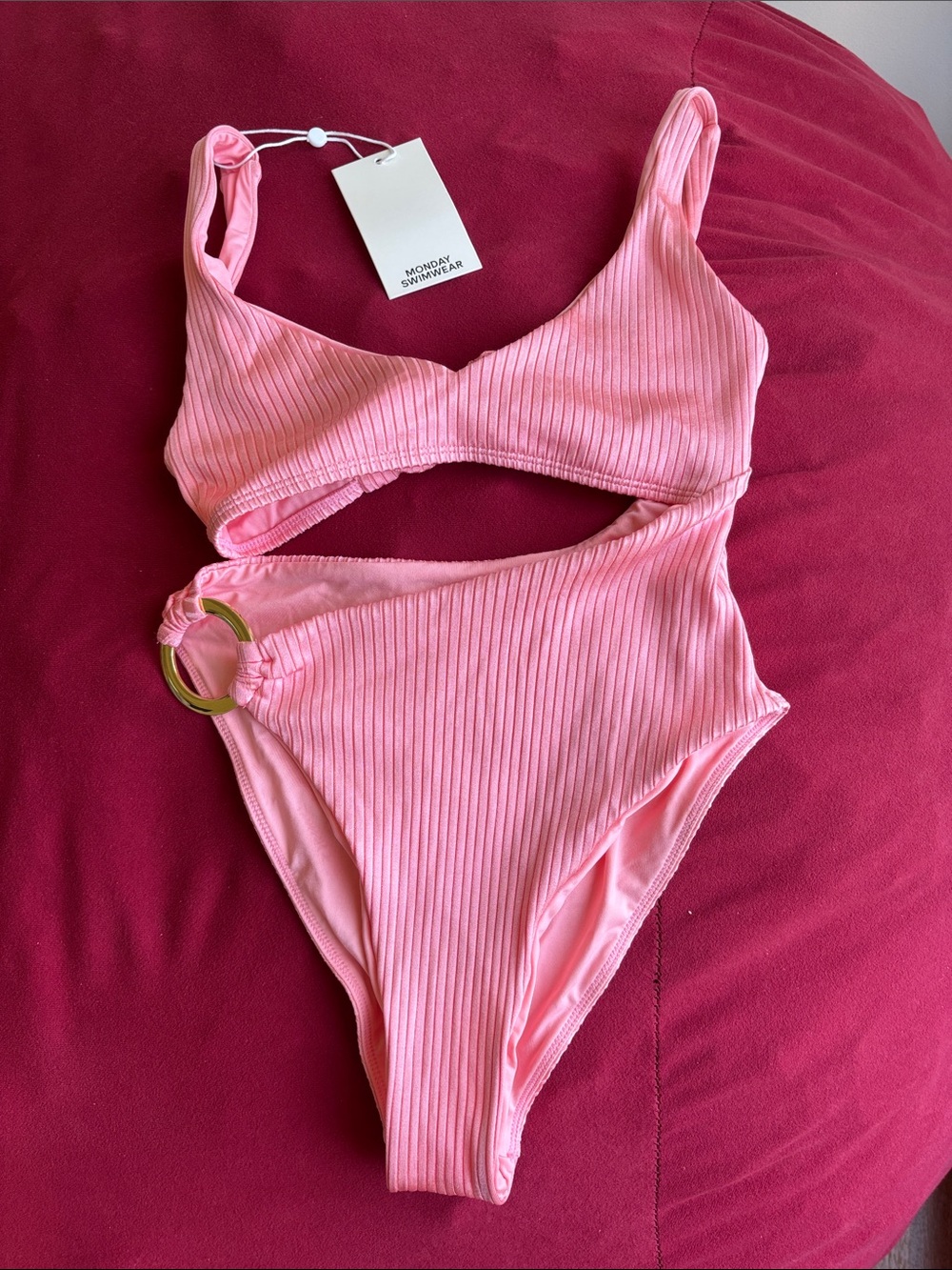 Monday Swimwear Pink Ribbed Cutout One-Piece with Gold Ring
